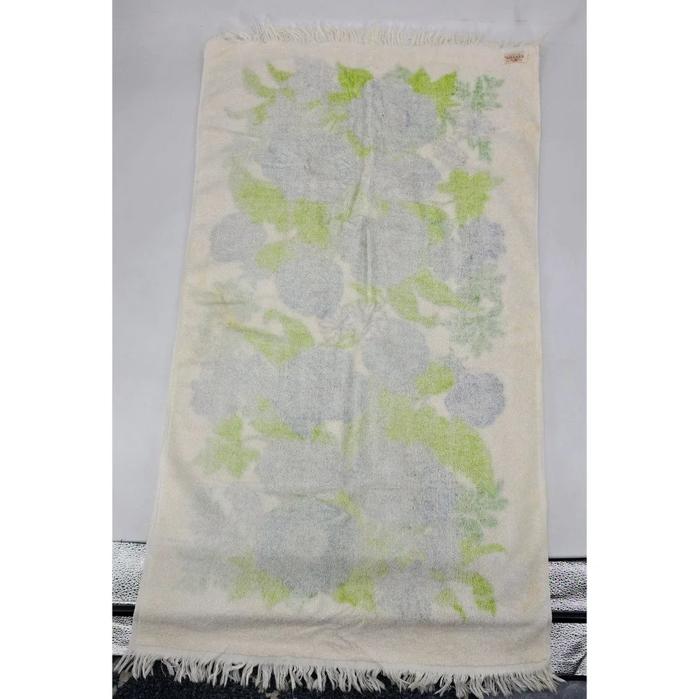 Vintage Cannon Floral Bath Towel Washcloth Set Blue Green Mod 60s 70s USA